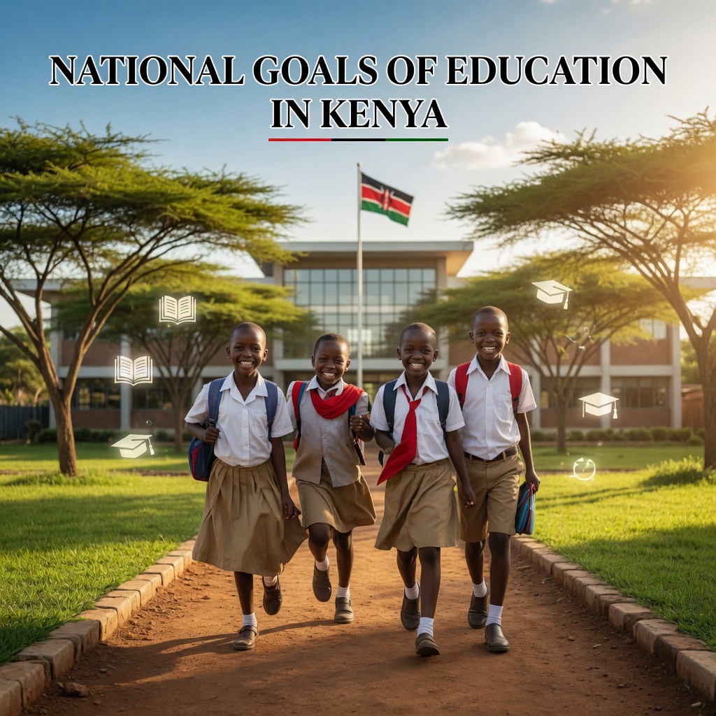 Four happy Kenyan schoolchildren in neat uniforms running joyfully toward the camera on a sunny school path, with a modern school building and Kenyan flag in the background. Bold text overlay reads 'NATIONAL GOALS OF EDUCATION IN KENYA'. The image features floating graduation caps and open books, symbolizing learning and achievement. Bright, vibrant, and inspiring education blog featured image.