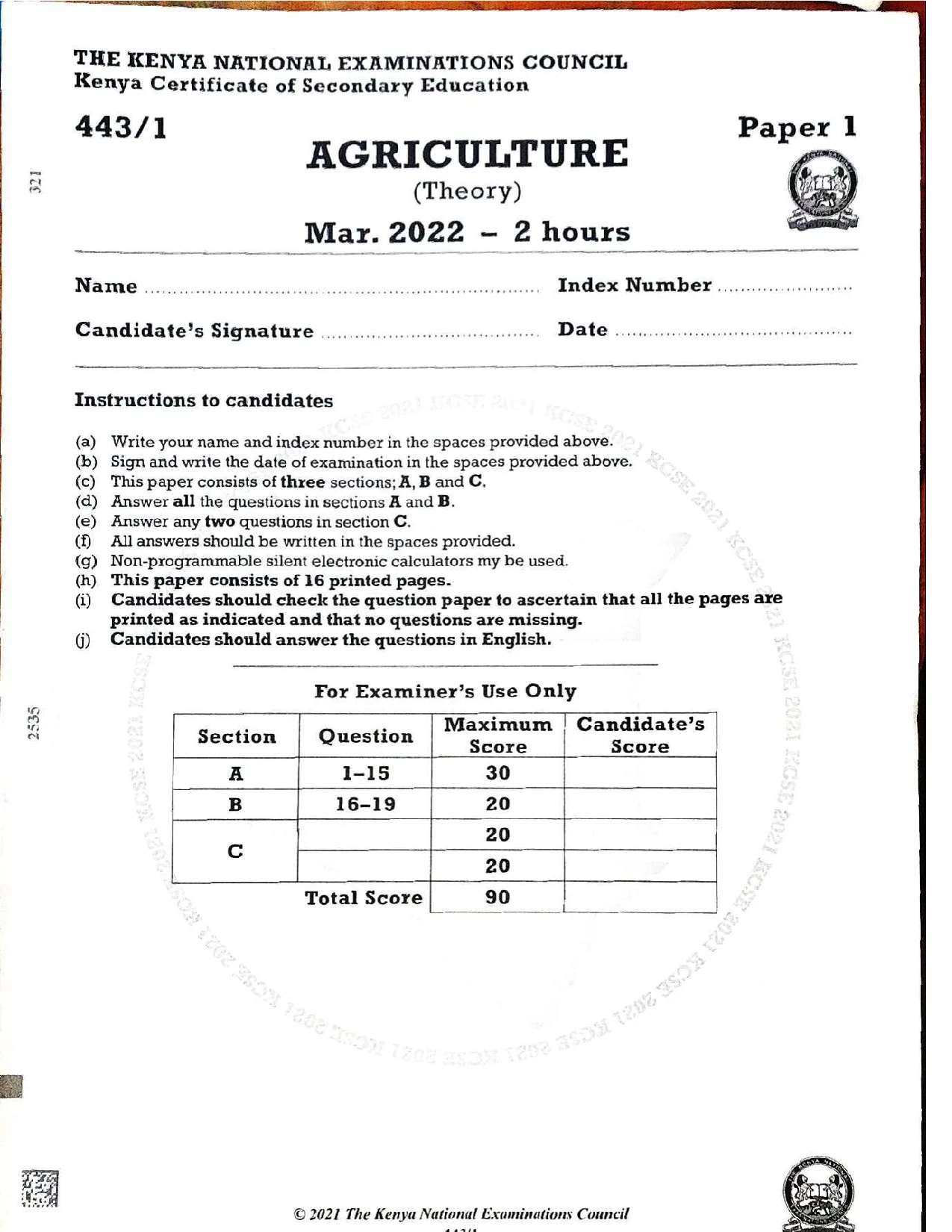KCSE AGRICULTURE PAST PAPERS – 2022