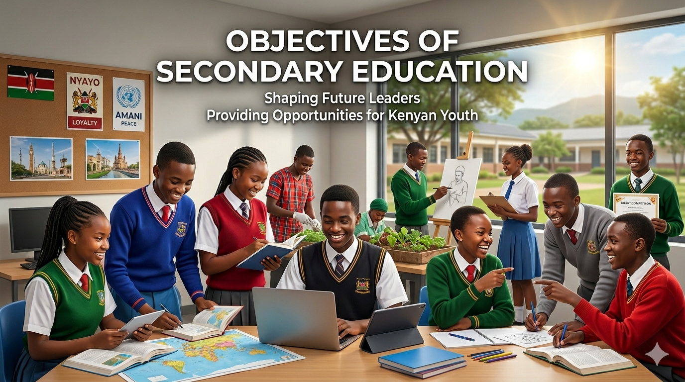 Kenyan schoolchildren running happily to school with text: NATIONAL GOALS OF EDUCATION IN KENYA – inspiring featured image for education blog.