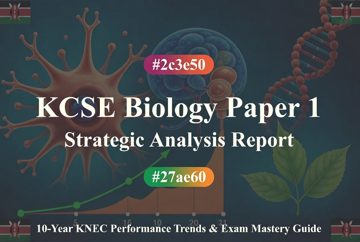 KCSE Biology Paper 1 Strategic Analysis Report – Professional hero banner featuring a neuron, DNA helix, green leaf, and a performance trend graph. Title reads 'KCSE Biology Paper 1 Strategic Analysis Report' with subtitle '10-Year KNEC Performance Trends & Exam Mastery Guide'. Designed in teal, orange, and green colors with subtle Kenyan flag accents.