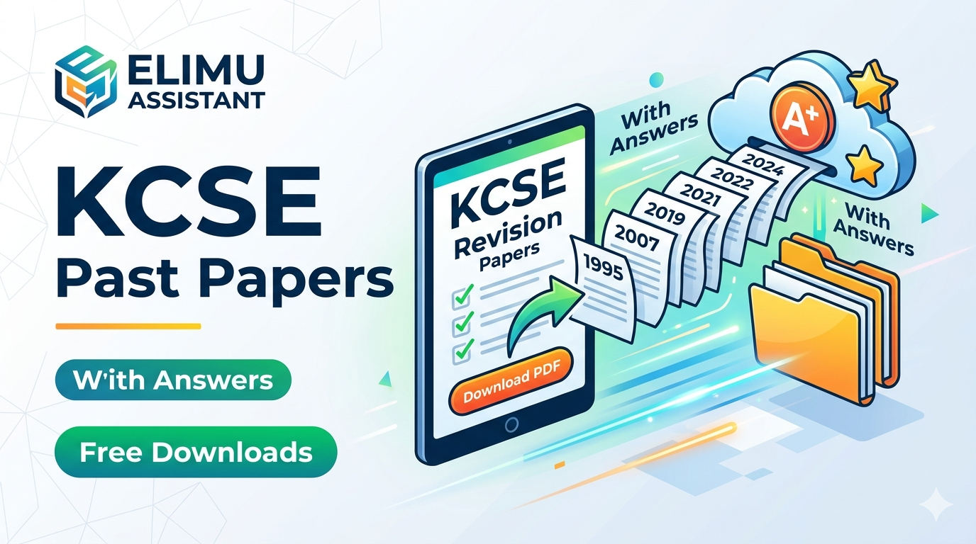 Elimu Assistant KCSE Past Papers and Marking Schemes featured image showing a digital tablet with PDF download options for KCSE revision papers from 1995 to 2024, including answers and cloud storage icons for free educational resources.
